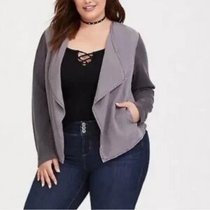Torrid Gray Twill Mixed Fabric Open Front Jacket Size 4